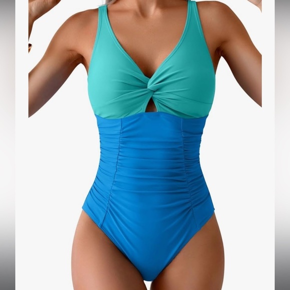 Elegant Two-Toned Blue One-Piece Swimsuit - Picture 1 of 4